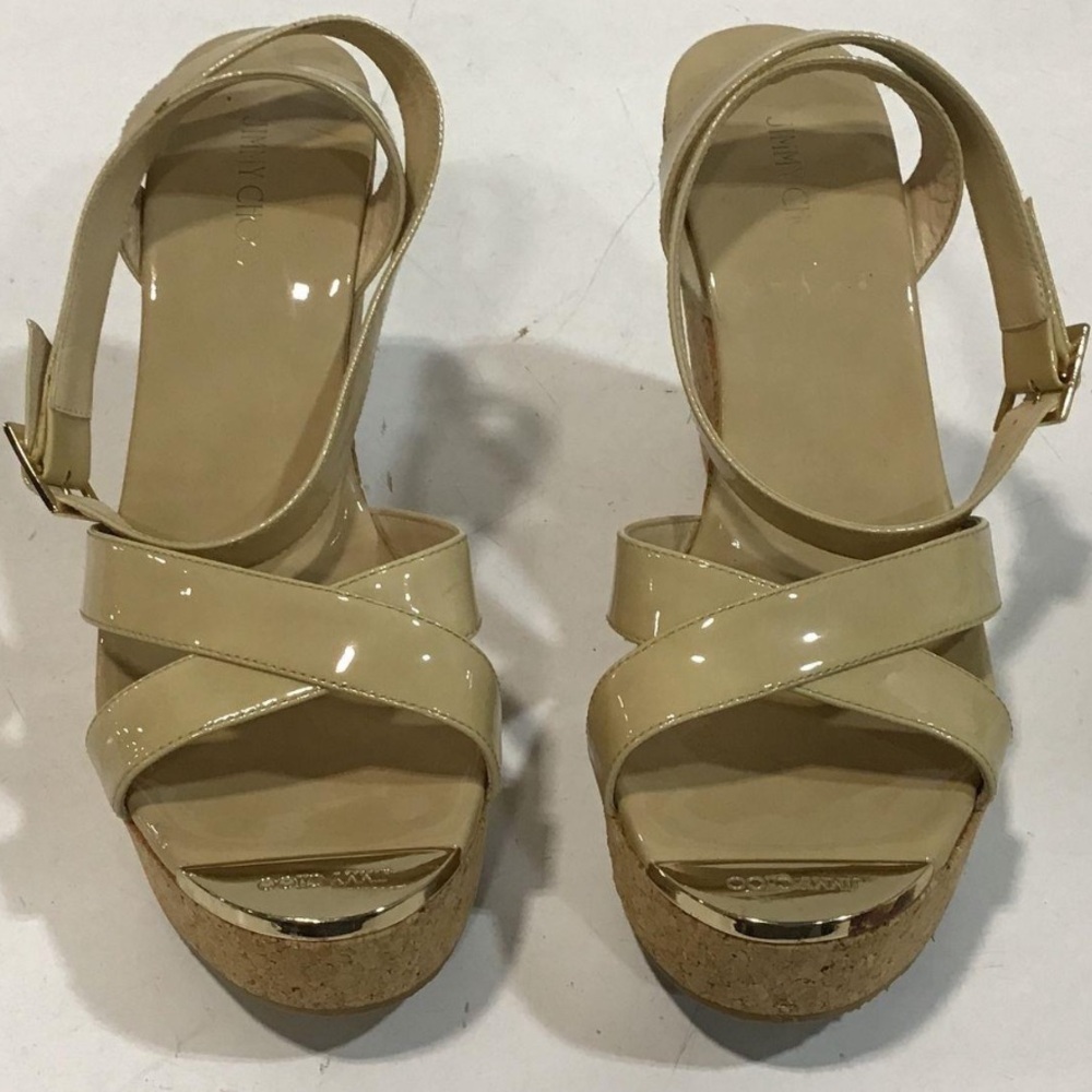 Women’s Jimmy Choo Patent Leather Cream Wedge Platform Sandals Size 40